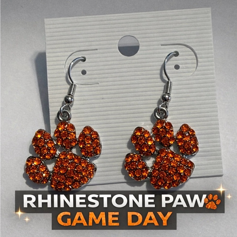 Orange Rhinestone Paw Print Earrings Game Day Sport Fan School Spirit Graduation